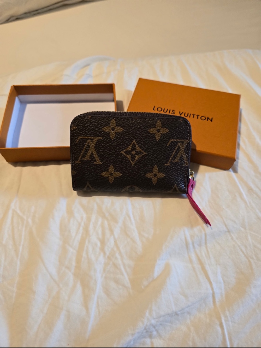 be inspired Brown Monogram Zip Card Holder with Pink Pull